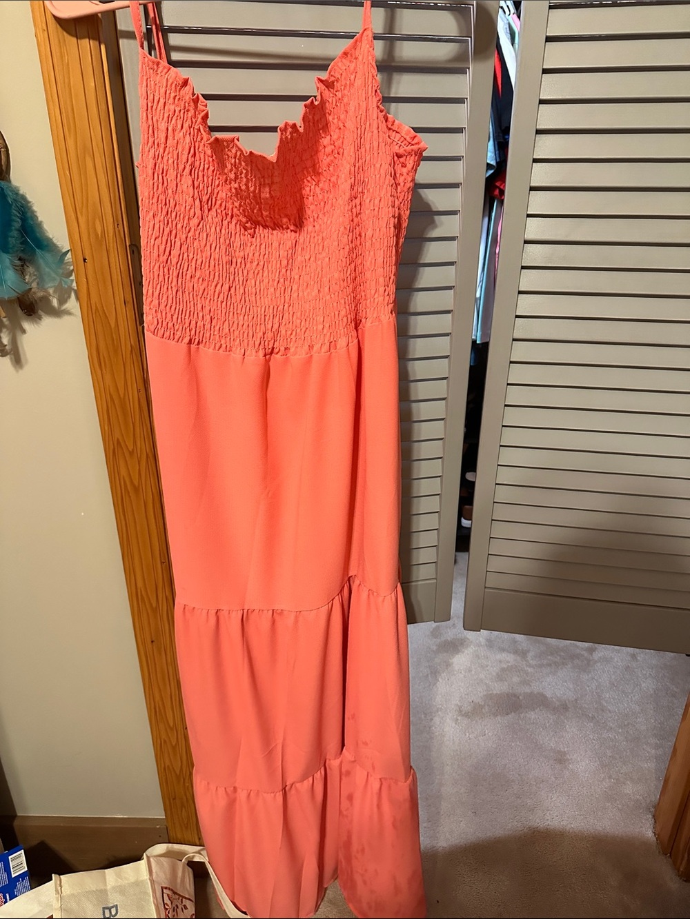 Amazon Coral Tiered Smocked Maxi Dress
